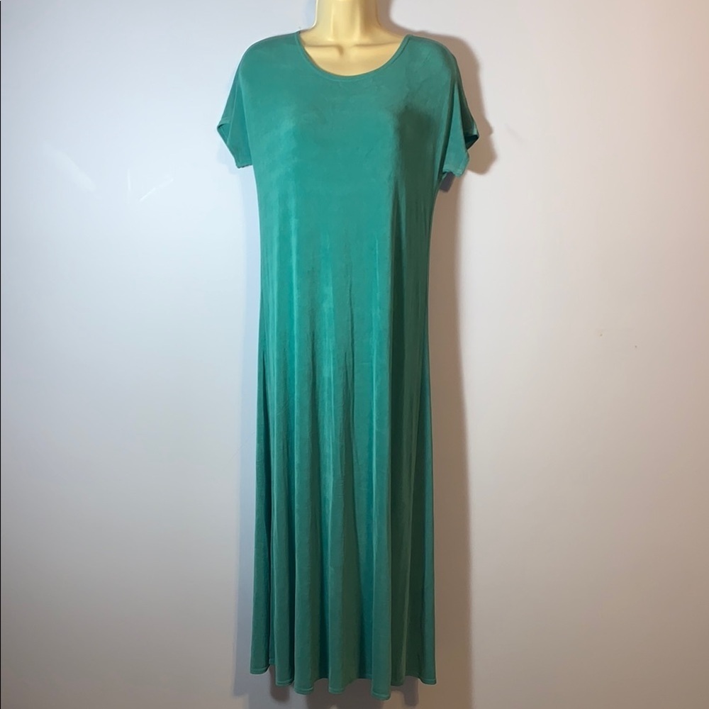 Linda Lundstrom Canada slinky teal short sleeve dress bodycon ankle length EUC S